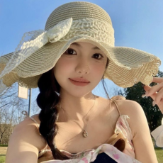 夏季沙灘度假蕾絲蝴蝶結大帽檐防曬遮陽草編帽, 樹葉紗-米色