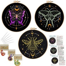 Louise Maelys 초보자를 위한 자수 키트 성인용 연습 도구 3팩 기본 스티치 30개 배우기 DIY 손 바느질 선물 후프 바늘 설명서(한글이 아닐 수 있음) 및, 타로