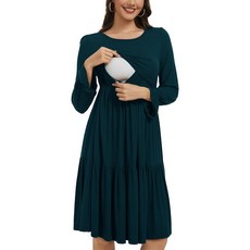 Smallshow 여성용 임산부 수유 드레스 긴소매 러플 모유 수유복 네이비 M 186025, M, 청록색