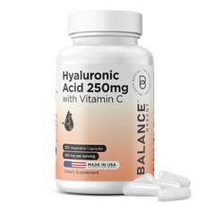 순수 히알루론산 보충제 250mg 비타민 C 50mg 비건 캡슐 120개 - 자연스러운 광채 머리카락 손톱 뼈 및 관절 건강 포뮬라를 위한 피부 수분 공급, 120카운트(1팩), 1개, 120정