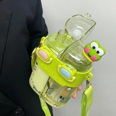 兒童水杯 雙倉雙飲吸管水壺 男孩上學專用便攜防漏水杯, 紫熊538ml+背帶+雙飲，雙飲公仔+金屬隨機貼紙1張+3D貼紙4顆×1個