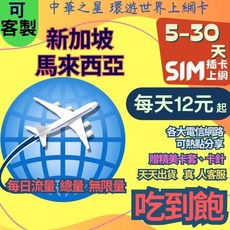 中華之星 環遊世界上網卡 新加坡 馬來西亞, 實體卡 5天,A【白鑽】每天1GB後降速吃到飽