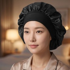 제이로이 굿나잇 실크 터치 수면 헤어캡 모자 머릿결 관리 나이트 케어 새틴 밴딩 긴머리용 대형, 1개, 블랙
