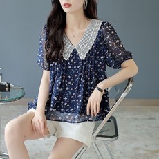 ORZQU 블라우스 여름 여성 반팔 쉬폰 티셔츠 레이스 카라 플라워 블라우스 루즈핏 얇은 통기성 반팔 블라우스