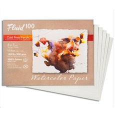 Fluid 100 아티스트 수채화 용지 63.5kg(140파운드) 콜드 프레스 100% 면 12.7 x 17.8cm(5 7인치) 포셰트 15장