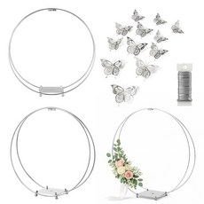 3팩 30.5cm(12인치) 금속 더블 플로럴 후프 센터피스 스탠드 및 38야드 패들 와이어 공예 센터피스 테이블 장식 결혼식/세례/파티/센터피스 테이블용 DIY 메탈 링 데, 12 Inches, 실버