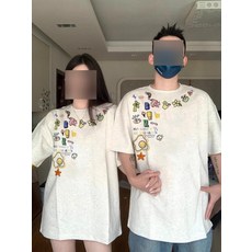 해피유통 남녀공용 커플 반팔 티셔츠 여름 캐주얼 캐릭터 프린트 오버핏