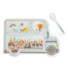 竹纖維學生快餐盤幼兒園加深分格卡通兒童餐具寶寶碗竹纖維餐具, 1個, 送勺子, 工程車