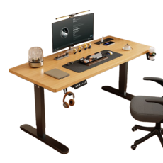 電動升降桌 無極升降 電競桌/辦公桌/書桌, 140*60*75, 原木色桌面+黑色架子