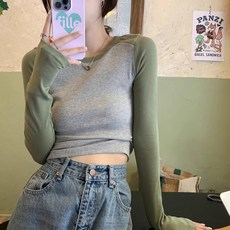 투니스 여성 라운드넥 슬림핏 스플라이싱 배색 긴소매 티셔츠