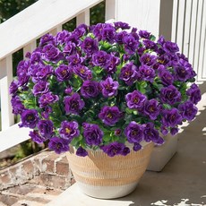 HyeFlora 봄 여름 장식용 인조 야외 꽃 식물 실크 핫핑크 동백나무 자외선 차단 화분 외부 현관 파티오 발코니 대형 번들 3개, 다크 퍼플