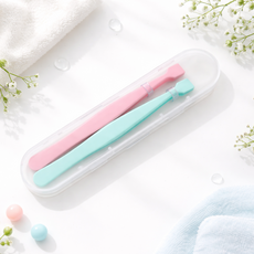 롤링페이퍼 노글루 언더 속눈썹 납작 집게 핀셋 2p, 1세트, 그린+핑크