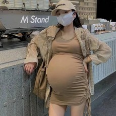 RU STUDIO 孕婦套裝 抽繩背心裙與條紋襯衫兩件組