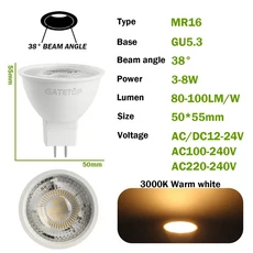 10PCS MR16 LED 스포트라이트 전구 GU5.3 Lampada AC 110V Bombillas 50W 할로겐 램프 교체 홈 Derection, 01 38 degrees 3000K, 03 AC DC 12-24V, 03 8W