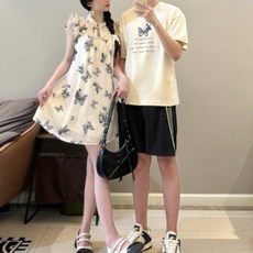 커플 시밀러룩 휴양지 티셔츠 웨딩촬영 원피스 여행 호캉스 패밀리룩 하와이안 반팔 드레스 긴팔