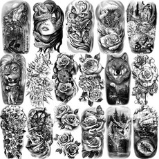 여성과 남성을 위한 77장의 임시 문신 17장의 반팔 가슴 어깨 가짜 성인을 60장의 작은 빈티지 멀티 컬러 혼합 스타일 방수 현실적인 문신 오래 지속됨, Black Styles, 1개