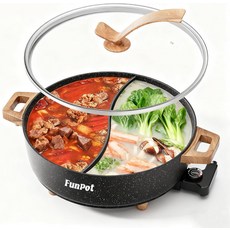 칸막이가 있는 펀팟 전기 트윈 컴파트먼트 냄비 다이아몬드 그리드 엠보싱 베이스 1350W 온도 조절 대용량 6리터 용량 중공 디자인의 컴팩트 우드그레인 손잡이, Woodgrain