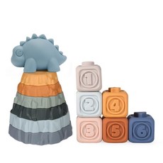 嬰幼兒益智積木認知浮雕方塊軟積木疊疊樂搪膠軟膠積木玩具, 劍龍火山圈6層+方塊6個（彩盒）, 1個