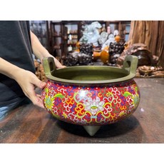 景泰藍 蓮花 錦鯉 銅製 焚香爐 擺件，雙耳三足，紅底纏枝花紋, 1個