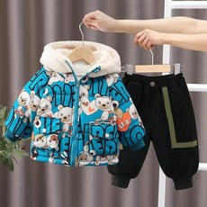 어린이 방한복세트 남아 두꺼운 면 보온 외출용 패딩 바지 세트 후드점퍼 기모바지 키즈세트 아동 상하의세트 아동패딩 키즈상하복