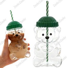 곰돌이 대용량 내열 유리 빨대컵 600ml, 투명한, 1개