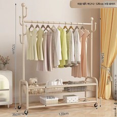 옷걸이 바퀴 행거 스탠드행거 바퀴달린 조립식 드레스룸, W. 120cm 크림화이트 이층+수납망