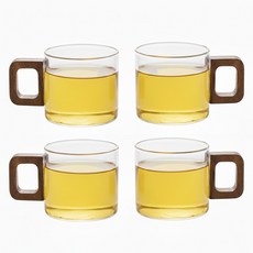 57도씨 우드핸들 내열유리 샷잔 유리컵 150ml, 우드핸들찻잔 4P, 1세트