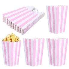 핑크 팝콘 박스 버킷 캔디 쿠키 용기 재사용 가능 및 화이트 스트라이프 생일 파티 선물 용품 영화관 장식용 (5x2.75인치) 168675