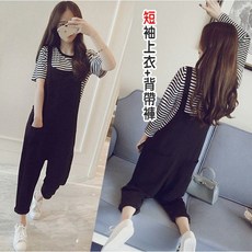 韓系條紋短T吊帶褲兩件式套裝