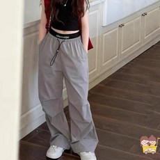 美式復古甜酷女孩機能褲 冰絲涼感防蚊褲 闊腿褲 運動長褲 兒童傘兵褲