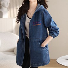 지고다그 여성 봄 가을 후드 자수 데님 자켓 빅사이즈 루즈핏 중장기 롱 아우터 캐주얼 청자켓 HH1890