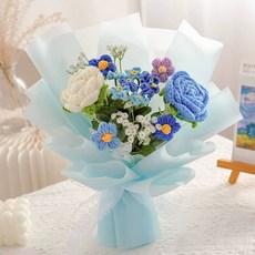 針織玫瑰滿天星成品花束教師節送老師創意禮物仿真永生花束, 2朵玫瑰混搭款  藍色:如圖所示