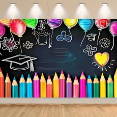 졸업 파티 및 학교 행사 배경 크레용 패턴의 폴리에스테르 장식 1개, 02 150X100, 01 MULTI