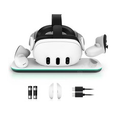 磁吸充電座丨相容於 Quest 3S/3 展示支架 Type-C 快充 手柄可充 光效顯示 含充電電池, 白, 1套, CS0001-VR