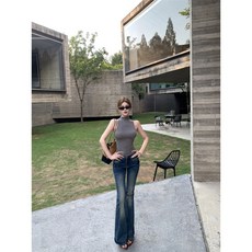 반목넥 민소매 탑 슬림핏 로우웨이스트 슬림핏 청바지 레트로 부츠컷 팬츠 세트