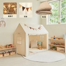 키즈텐트 놀이방 가정용 실내집 공주 캐슬 하우스 놀이텐트 텐트놀이, 기본원목 - 가랜드+조명+매트