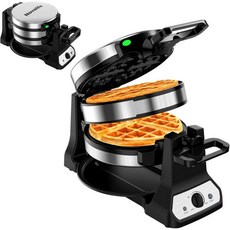 Novalife 와플 메이커 1400W 벨기에 더블 아이언 180도 플립 회전 논스틱 플레이트 조절 가능한 브라우닝 컨트롤 잠금 버클 쿨 터치 핸들 탈착식 드립 트레이 스테인리, 실버