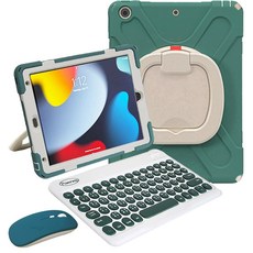 Powerway iPad 10.2吋(iPad 9/8/7)專用圓環型藍牙鍵盤保護殼，附贈同色無線滑鼠，無線藍牙連接，多角度支撐，輕巧便攜, 翡翠綠(綠色鍵帽/綠色滑鼠/綠色包護殼), 翡翠綠(綠色鍵帽/綠色滑鼠/綠色包護殼)