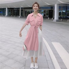 Yellwel 투피스 반팔 브이넥 미디 원피스 여름 롱드레스 여성 DJP