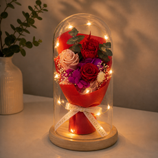고급스러운 생화 프리저브드 장미 꽃다발 유리돔 무드등 LED 선물 건전지 포함, 레드 러브 레드 러브