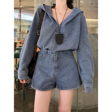 RUZZAIR 여성 데님 셔츠 초가을 후드 데님 상의 반바지 세트 코디