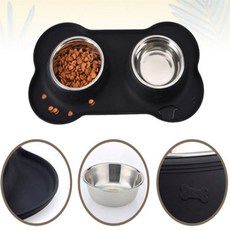 니즈플리 일체형 2구 강아지사료그릇 반려견식기 강아지식기매트 고양이식기 고양이그릇, 블랙색