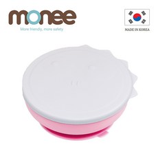 (韓國monee) 白金矽膠恐龍造型可吸式餐碗附蓋, 草莓粉, 1個