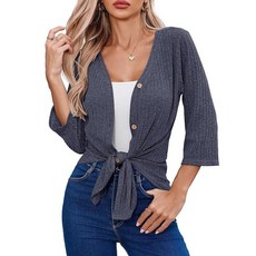 Witsmile 7부 소매 버튼 다운 셔츠 여성용 니트 튜닉 블라우스 타이 매듭 탑 캐주얼 플레인 셔츠 씨 블루 S