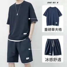 CHAO HUI N 假兩件華夫格休閒套裝 五分袖運動短袖兩件套