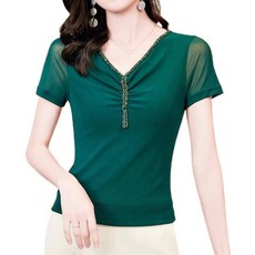 티류으스 여성 브이넥 망사 블라우스 반팔 티셔츠 큐빅 장식 라인댄스 상의 Z082604, L, 그린[반팔]