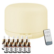 MAYCI 精油水氧機套裝，含遙控器、七彩夜燈、大容量水箱，香氛加濕器, 暖光款 300ml, 搭配12瓶水溶性精油(香味隨機出貨)