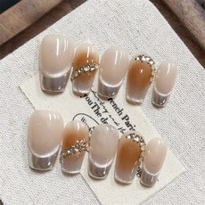 美拉德貓眼法式穿戴甲指甲貼片, 1個, HNP035-中T(長約2公分),S碼