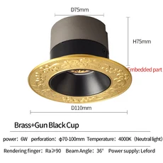 유럽 ​​럭셔리 황동 Led 스포트 라이트 6W 10W 복도 로비 거실 식당 Recessed 램프, 04 B 6W, 03 3000K Warm Light