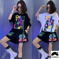 初見時尚 休閒運動套裝 寬鬆顯瘦印花字母割破洞上衣短褲兩件套, 白T,M 【85-100斤】